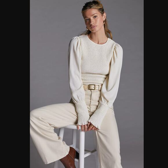 Anthropologie Smocked Puff-Sleeved Cream Top - New - Large - Picture 1 of 5